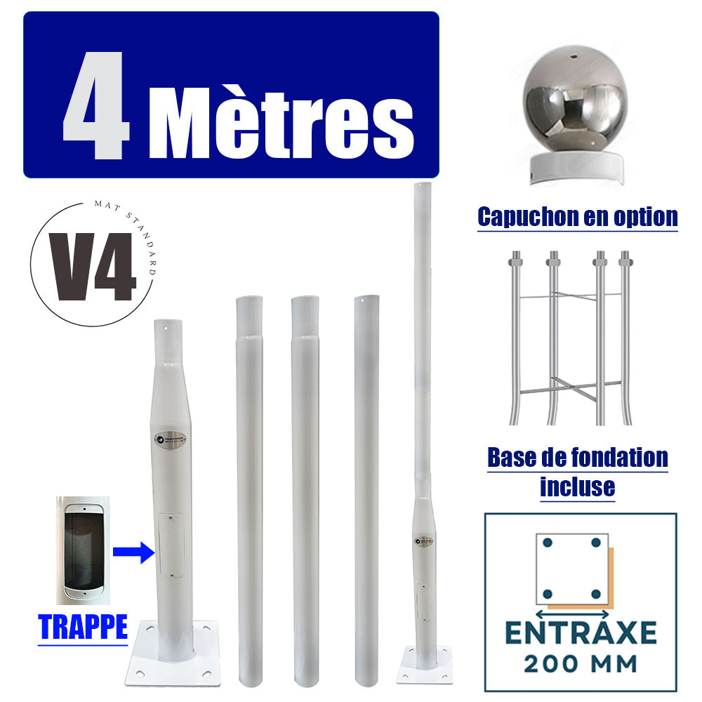 Mât / Poteau pour lampe de rue - Nouveau design - Série STANDARD V4 EVO avec TRAPPE - Vis antivol - 4 mètres - Entraxe latéral des trous 200mm -  Couleur BLANC - Finition épurée - Base de fondation incluse / capuchon  en option