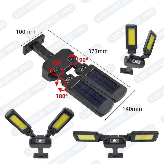 Pack de 4x Lampes LED solaires à double tête ajustable - Série MOBILE - Rendu lumineux 2x 80 Watts - Angle 160° - IP65 - 373 x 140 x 100 mm - COB LED - 3 modes - Télécommande - Détecteur de mouvement PIR – Fonction détection 0-100% - 6000k