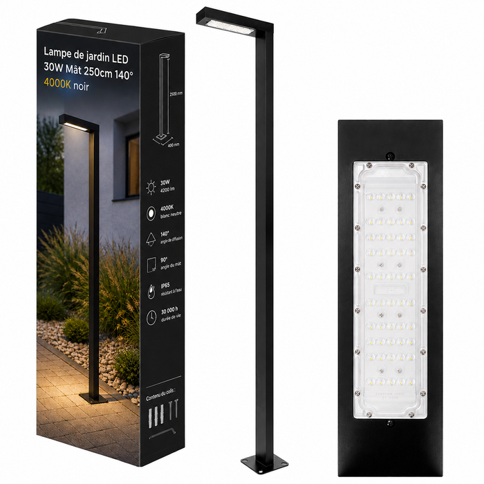Lampe de rue / jardin filaire - Série MODERNA - 30 Watts - 4200 Lumens - 140 Lumens/Watt - Angle 140° - IP65 - 250 x 40 x 10 cm - 4000K - Bras ajustable 90° - Avec trappe - Base de fondation en option