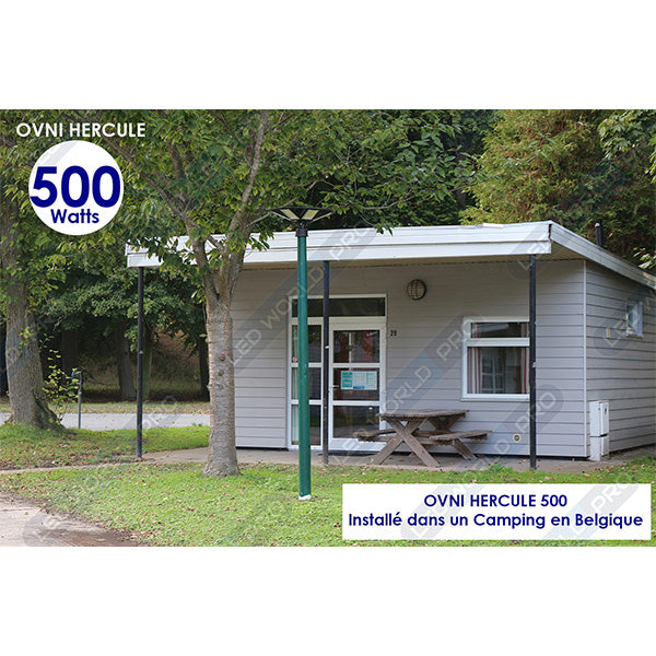 Lampe solaire pour extérieur - Série OVNI - Version HERCULE 500 - Rendu lumineux 500 Watts - 2200 lumens - Angle 360° - IP65 - Diamètre tube d'insertion 60/76mm - Avec détecteur de mouvement – Capteur crépusculaire - Avec télécommande - 6000k