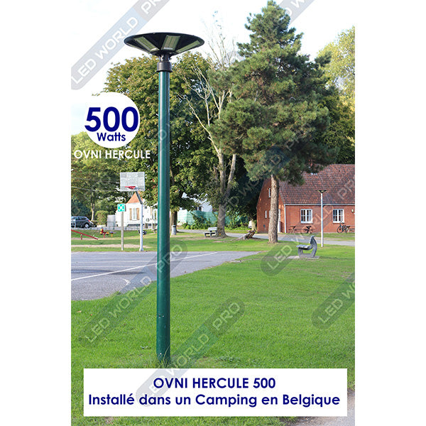 Pack lampadaire complet 5 mètres : Lampe solaire Série OVNI HERCULE 800 Watts - 2700 Lumens - 6000K - Angle 360° + Mât STANDARD 5 mètres