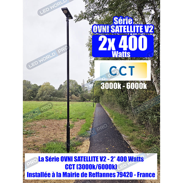 Pack lampadaire solaire complet 3 mètres : Lampadaire solaire pour extérieur - CCT - Série OVNI SATELLITE V2 - 2 x 400 Watts - 4800 Lumens + Mât STANDARD V1 EVO 3 mètres ou Mât STANDARD V4 EVO 3 mètres - Noir - Avec trappe + Adaptateur 60/80 mm