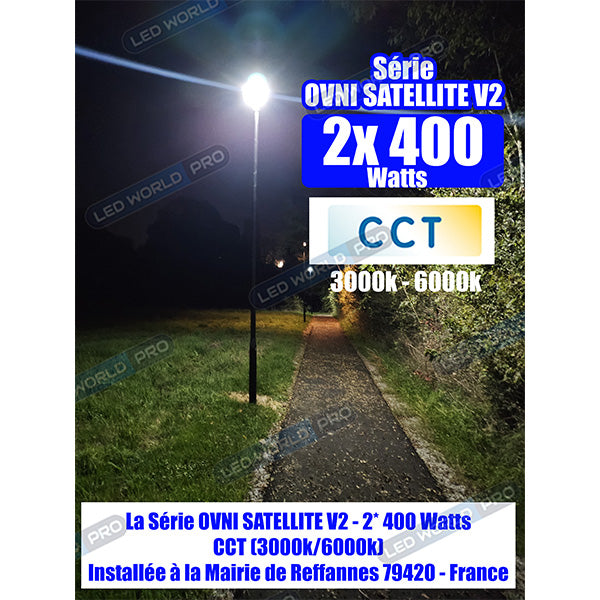 Pack lampadaire solaire complet 3 mètres : Lampadaire solaire pour extérieur - CCT - Série OVNI SATELLITE V2 - 2 x 400 Watts - 4800 Lumens + Mât STANDARD V1 EVO 3 mètres ou Mât STANDARD V4 EVO 3 mètres - Noir - Avec trappe + Adaptateur 60/80 mm