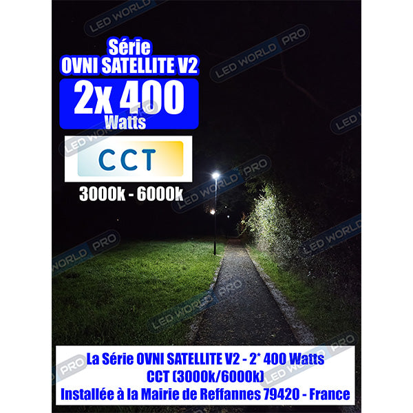 Pack lampadaire solaire complet 3 mètres : Lampadaire solaire pour extérieur - CCT - Série OVNI SATELLITE V2 - 2 x 400 Watts - 4800 Lumens + Mât STANDARD V1 EVO 3 mètres ou Mât STANDARD V4 EVO 3 mètres - Noir - Avec trappe + Adaptateur 60/80 mm