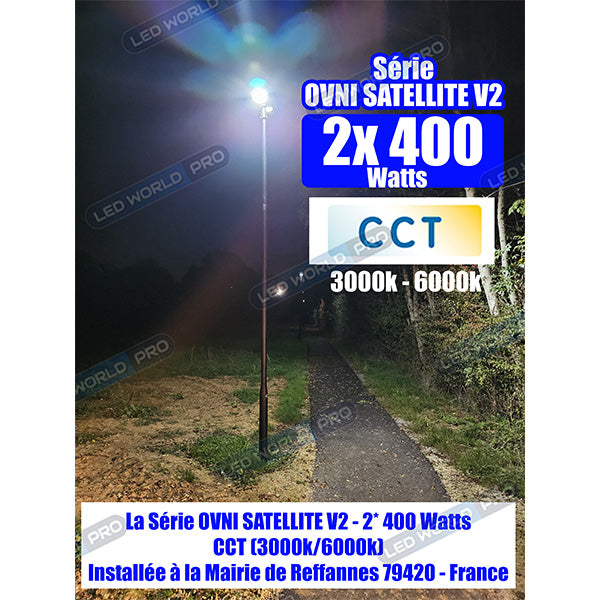 Pack lampadaire solaire complet 3 mètres : Lampadaire solaire pour extérieur - CCT - Série OVNI SATELLITE V2 - 2 x 400 Watts - 4800 Lumens + Mât STANDARD V1 EVO 3 mètres ou Mât STANDARD V4 EVO 3 mètres - Noir - Avec trappe + Adaptateur 60/80 mm
