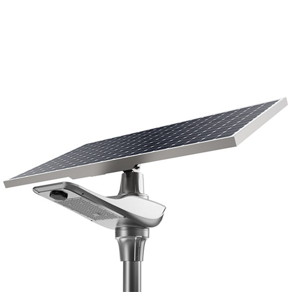 Lampe de rue solaire - Série OPIUM - 40 Watts - 6800 Lumens - 170 Lumens/Watt - Angle 150x70°- IP65 - IK08 - Structure en ALUMINIUM - 72 x 32 x 31 cm - Tube d'insertion 76mm - Régulateur MPPT - Avec détecteur de mouvement - Garantie 3 ans