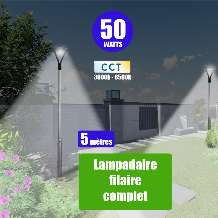 Pack lampadaire filaire complet 5 mètres : Lampe de jardin et parking filaire - Série OVALI V3 - CCT - 50 Watts + Mât STANDARD EVO - 5 mètres avec trappe au choix (Mât STANDARD V1 EVO ou Mât STANDARD V4 EVO) + Adaptateur simple 60/80 mm