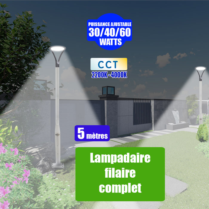 Pack lampadaire filaire complet 5 mètres : Lampe de jardin filaire - Série OVALI ULTRA - CCT - Puissance ajustable 30/40/60 Watts + Mât STANDARD - 5 mètres avec trappe au choix (Série STANDARD V2 EVO ou Série STANDARD V4 EVO)