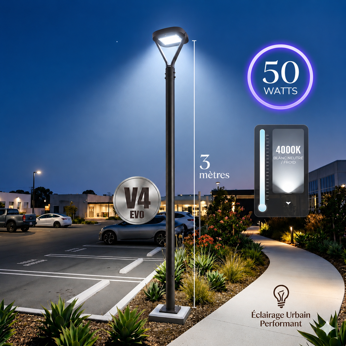 Pack lampadaire filaire complet 3/4/5/6 mètres au choix : Lampe filaire Série OVALI V3 + Mât EVO - Entraxe des trous 200mm - Noir