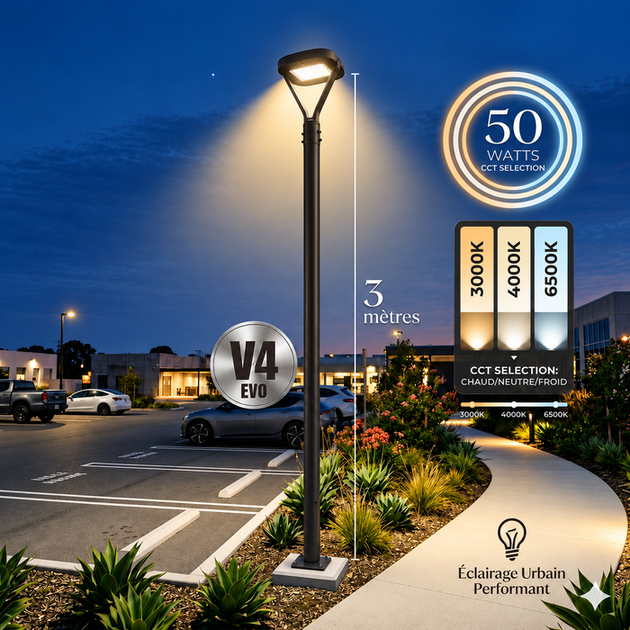 Pack lampadaire filaire complet 3/4/5/6 mètres au choix : Lampe filaire Série OVALI V3 + Mât EVO - Entraxe des trous 200mm - Noir