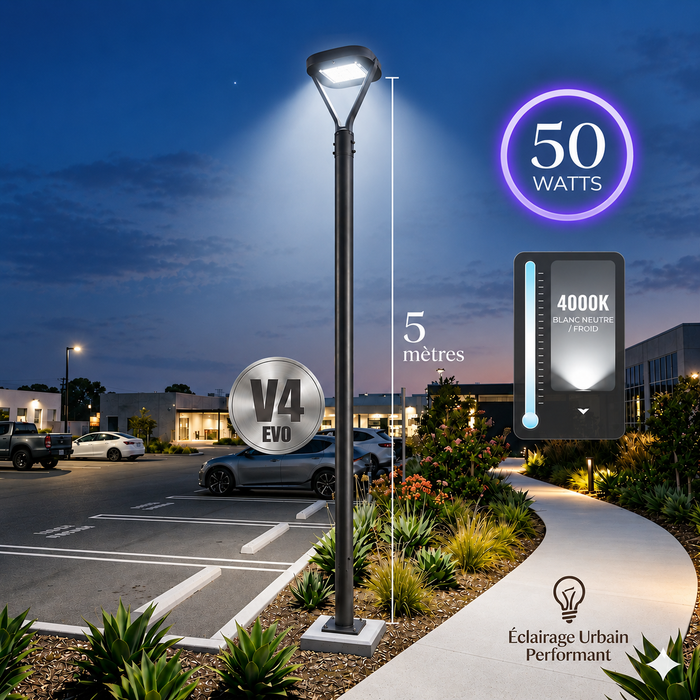 Pack lampadaire filaire complet 3/4/5/6 mètres au choix : Lampe filaire Série OVALI V3 + Mât EVO - Entraxe des trous 200mm - Noir