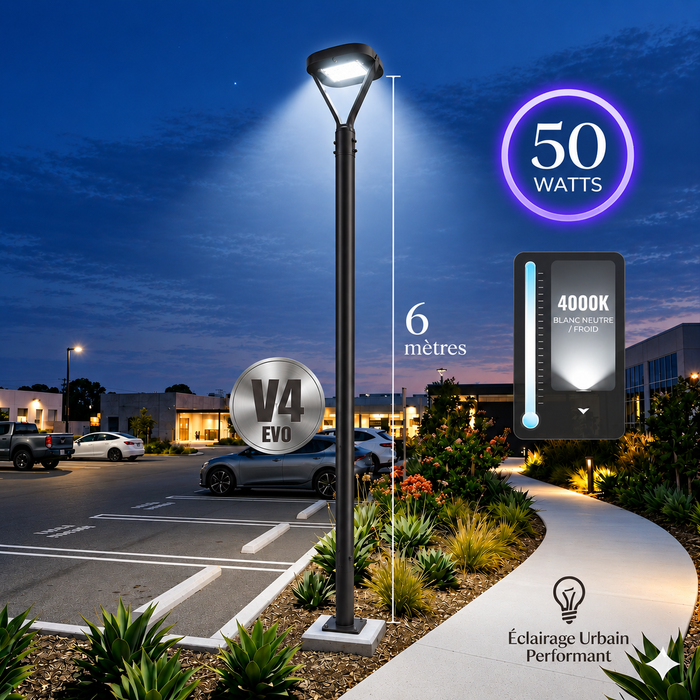 Pack lampadaire filaire complet 3/4/5/6 mètres au choix : Lampe filaire Série OVALI V3 + Mât EVO - Entraxe des trous 200mm - Noir