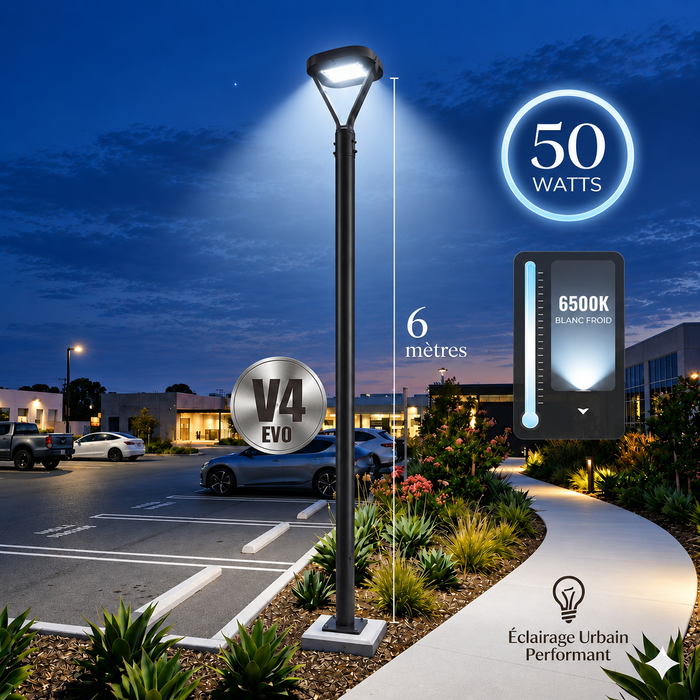 Pack lampadaire filaire complet 3/4/5/6 mètres au choix : Lampe filaire Série OVALI V3 + Mât EVO - Entraxe des trous 200mm - Noir