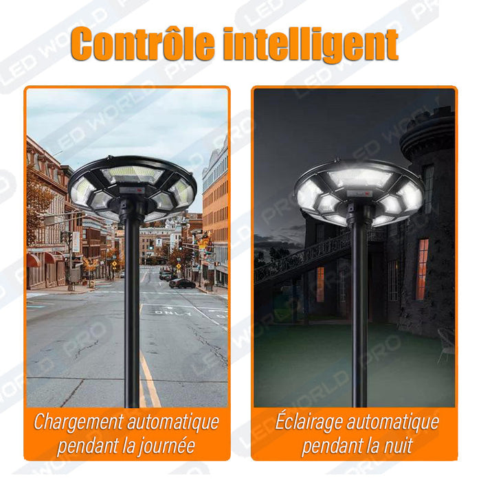 Pack de 2x Lampes solaires pour extérieur - Série OVNI BASIC V2 - Rendu lumineux 150W - 950 Lumens - Angle 360° - IP65 - 55 x 15 cm - Tube d'insertion 60 / 76mm - Avec télécommande - Avec détecteur de mouvement - Avec capteur crépusculaire - 6000k