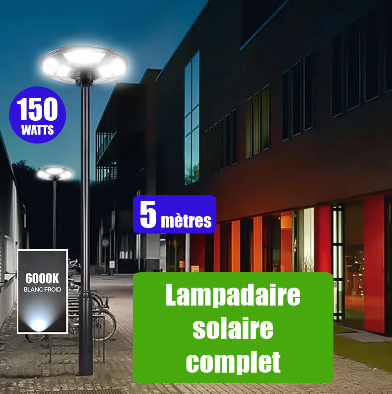 Pack lampadaire complet 5 mètres : Lampe solaire pour extérieur Série OVNI BASIC V2 - 150 Watts - 950 Lumens - 6000K + Mât STANDARD 5 mètres