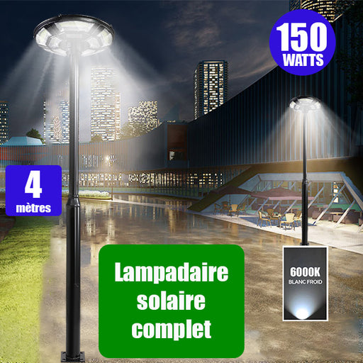 Pack lampadaire complet 4 mètres : Lampe solaire pour extérieur Série OVNI BASIC V2 - 150 Watts - 950 Lumens - 6000K + Mât STANDARD 4 mètres