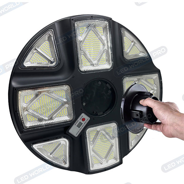 Pack lampadaire complet 5 mètres : Lampe solaire pour extérieur Série OVNI CRYSTAL V2 - 300 Watts - 1900 Lumens - 6000K + Mât STANDARD V1 EVO 5 mètres - Avec trappe)