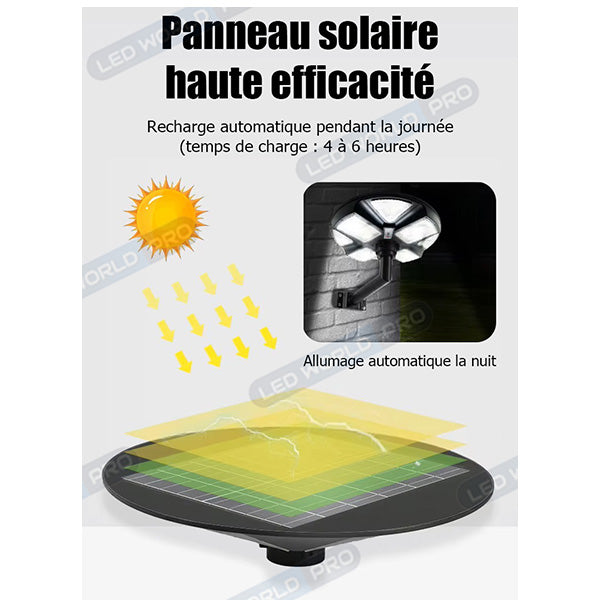 Pack lampadaire complet 3 mètres : Lampe solaire pour extérieur Série OVNI EMERAUDE - 400 Watts - 2300 Lumens - 3000K + Mât STANDARD 3 mètres (V1 EVO ou V4 ECO - Avec trappe)