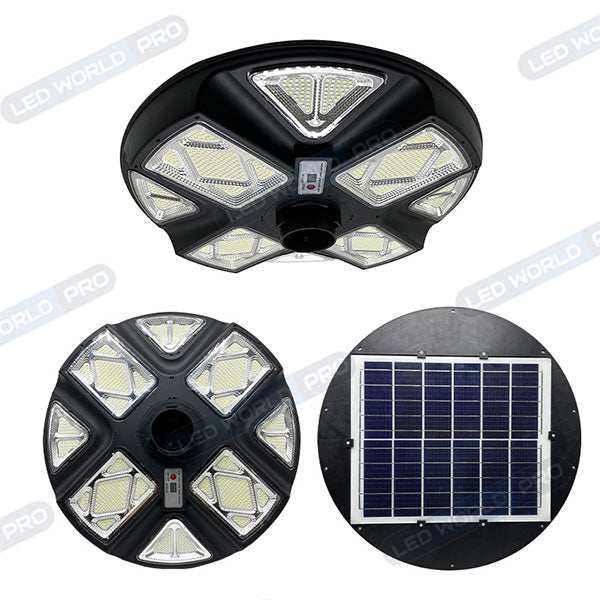 Pack lampadaire complet 5 mètres : Lampe solaire pour extérieur Série OVNI CRYSTAL V2 - 300 Watts - 1900 Lumens - 6000K + Mât STANDARD V1 EVO 5 mètres - Avec trappe)