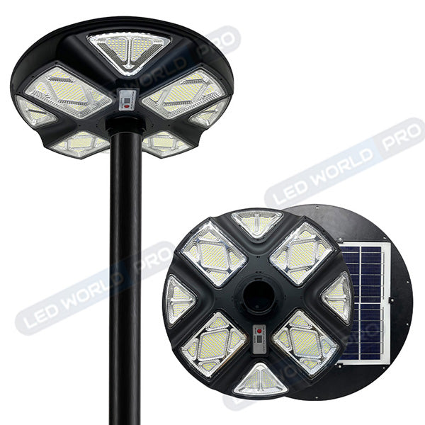 Pack lampadaire complet 5 mètres : Lampe solaire pour extérieur Série OVNI CRYSTAL V2 - 300 Watts - 1900 Lumens - 6000K + Mât STANDARD V1 EVO 5 mètres - Avec trappe)