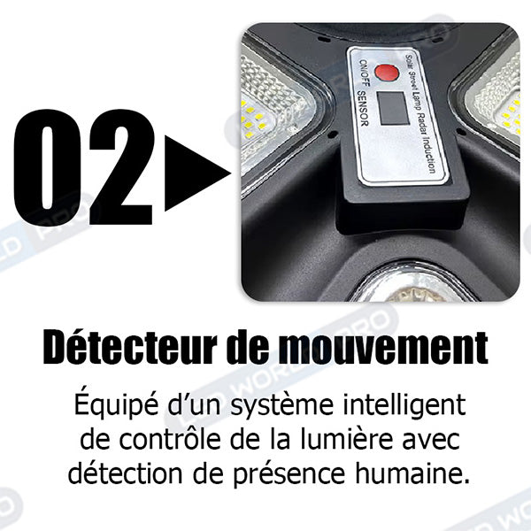 Lampe solaire pour extérieur - Série OVNI CRYSTAL V2 -  300 Watts - 1900 Lumens - Angle 360° - IP65 - Lampe 55 x 55 cm - Panneau polycristallin 42 x 35 cm - Tube d'insertion 60/76 mm - Détecteur de mouvement - Capteur crépusculaire - Télécommande - 6000k