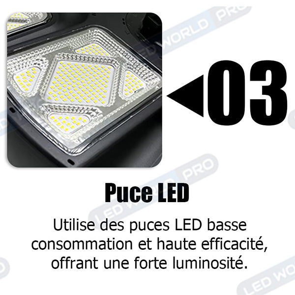 Pack lampadaire complet 5 mètres : Lampe solaire pour extérieur Série OVNI CRYSTAL V2 - 300 Watts - 1900 Lumens - 6000K + Mât STANDARD V1 EVO 5 mètres - Avec trappe)
