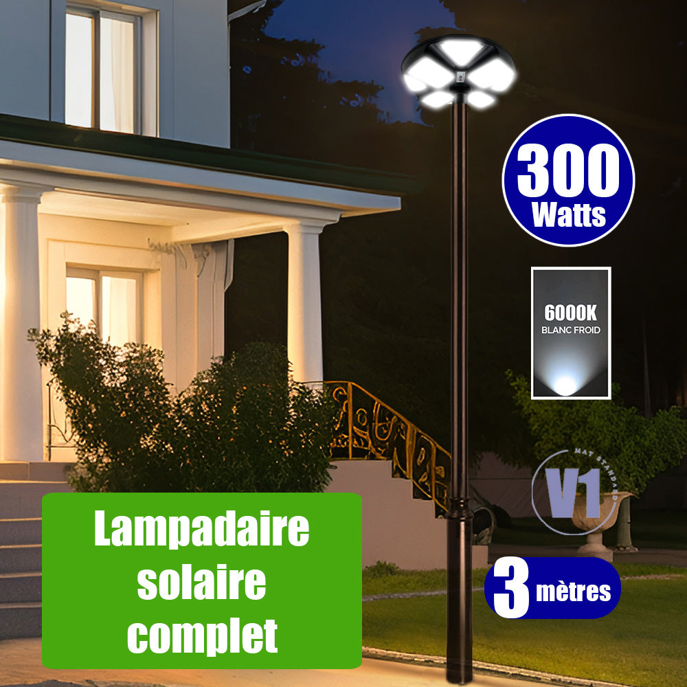 Pack lampadaire complet 3 mètres : Lampe solaire pour extérieur Série OVNI CRYSTAL V2 - 300 Watts - 1900 Lumens - 6000K + Mât STANDARD 3 mètres (V1 EVO ou V4 ECO - Avec trappe)