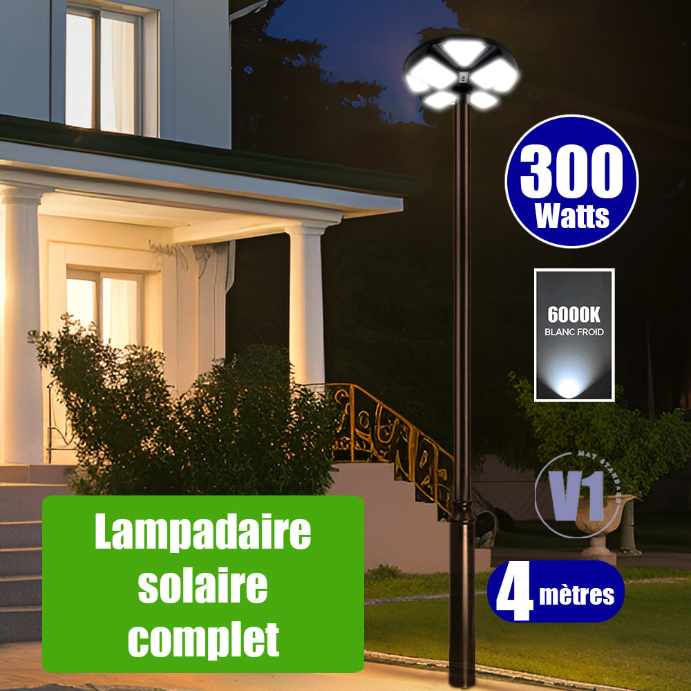 Pack lampadaire complet 4 mètres : Lampe solaire pour extérieur Série OVNI CRYSTAL V2 - 300 Watts - 1900 Lumens - 6000K + Mât STANDARD 4 mètres (V1 EVO ou V4 ECO - Avec trappe)