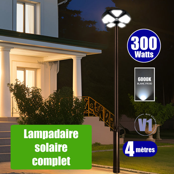 Pack lampadaire complet 4 mètres : Lampe solaire pour extérieur Série OVNI CRYSTAL V2 - 300 Watts - 1900 Lumens - 6000K + Mât STANDARD 4 mètres (V1 EVO ou V4 ECO - Avec trappe)