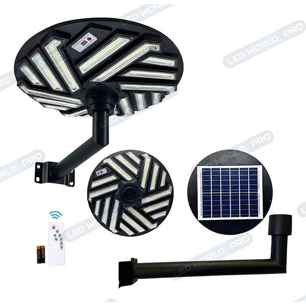 Pack lampadaire complet 3 mètres : Lampe solaire pour extérieur Série OVNI EMERAUDE - 400 Watts - 2300 Lumens - 3000K + Mât STANDARD 3 mètres (V1 EVO ou V4 ECO - Avec trappe)