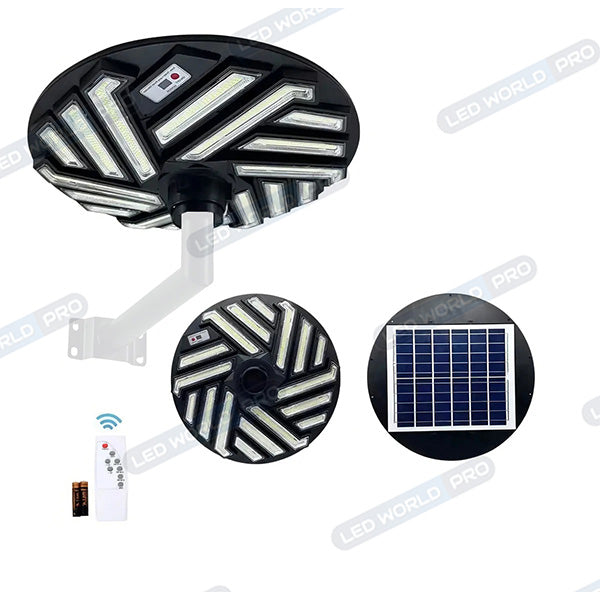 Lampe solaire pour extérieur - Série OVNI EMERAUDE -  400 Watts - 2300 Lumens - Angle 360° - IP65 - Lampe 61 x 61 cm - Panneau polycristallin 48 x 35 cm - Tube d'insertion 60/76 mm - Détecteur de mouvement - Capteur crépusculaire - Télécommande - 6000k