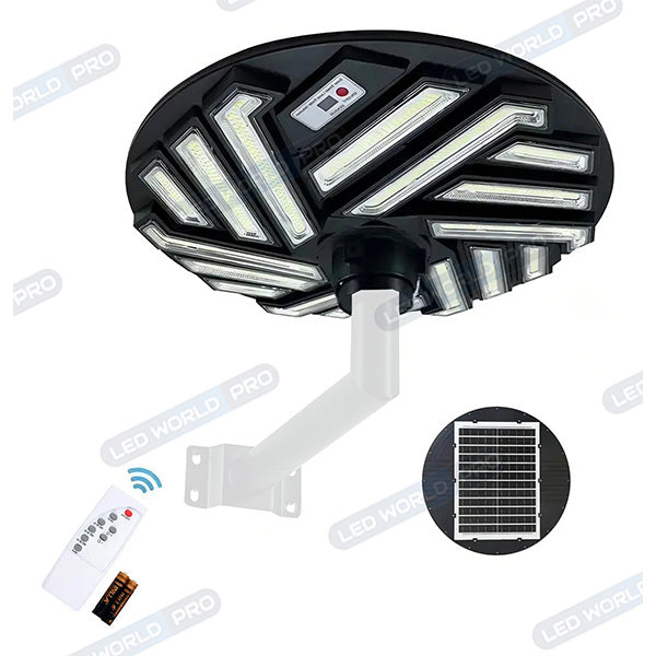Lampe solaire pour extérieur - Série OVNI EMERAUDE -  400 Watts - 2300 Lumens - Angle 360° - IP65 - Lampe 61 x 61 cm - Panneau polycristallin 48 x 35 cm - Tube d'insertion 60/76 mm - Détecteur de mouvement - Capteur crépusculaire - Télécommande - 6000k