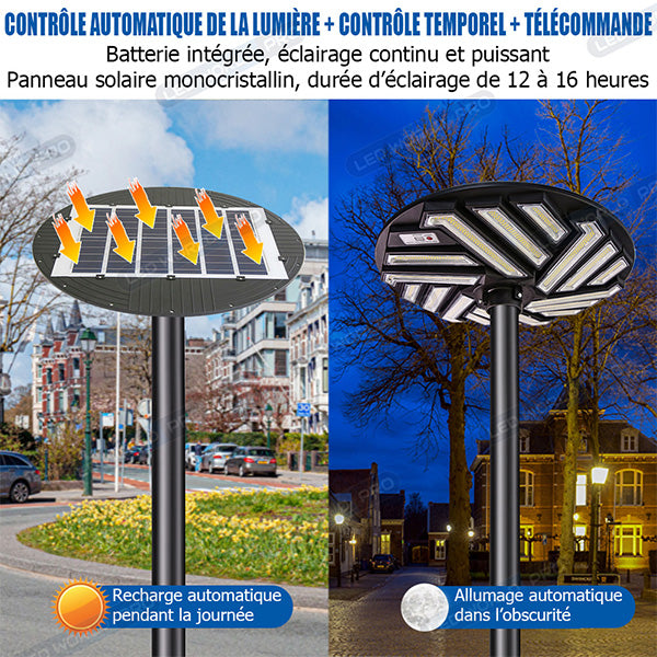 Lampe solaire pour extérieur - Série OVNI EMERAUDE -  400 Watts - 2300 Lumens - Angle 360° - IP65 - Lampe 61 x 61 cm - Panneau polycristallin 48 x 35 cm - Tube d'insertion 60/76 mm - Détecteur de mouvement - Capteur crépusculaire - Télécommande - 6000k