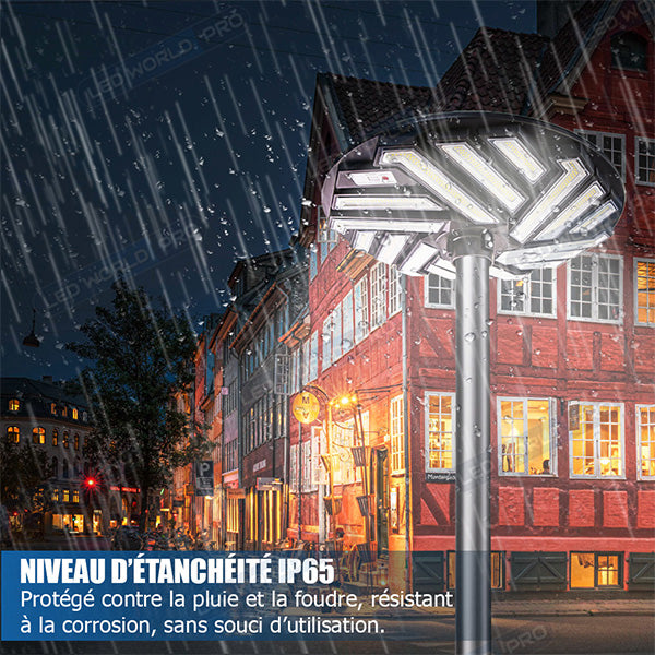 Lampe solaire pour extérieur - Série OVNI EMERAUDE -  400 Watts - 2300 Lumens - Angle 360° - IP65 - Lampe 61 x 61 cm - Panneau polycristallin 48 x 35 cm - Tube d'insertion 60/76 mm - Détecteur de mouvement - Capteur crépusculaire - Télécommande - 6000k