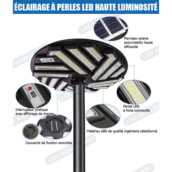 Lampe solaire pour extérieur - Série OVNI EMERAUDE -  400 Watts - 2300 Lumens - Angle 360° - IP65 - Lampe 61 x 61 cm - Panneau polycristallin 48 x 35 cm - Tube d'insertion 60/76 mm - Détecteur de mouvement - Capteur crépusculaire - Télécommande - 6000k