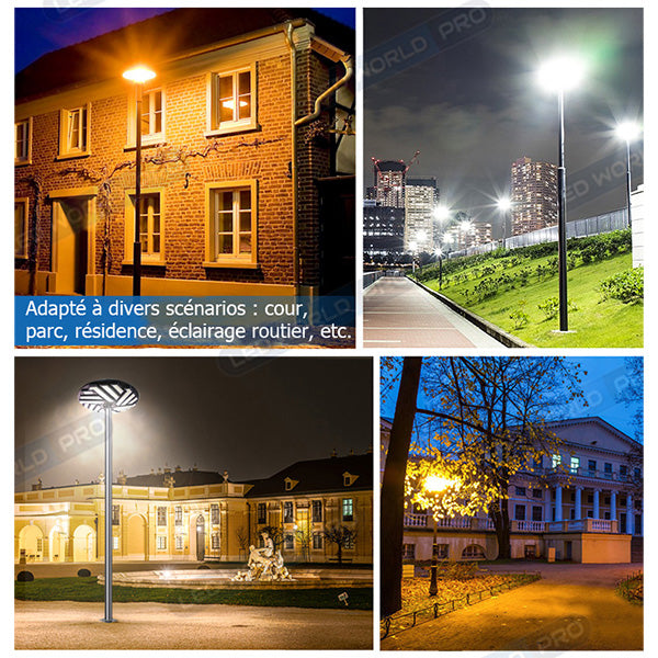 Lampe solaire pour extérieur - Série OVNI EMERAUDE -  400 Watts - 2300 Lumens - Angle 360° - IP65 - Lampe 61 x 61 cm - Panneau polycristallin 48 x 35 cm - Tube d'insertion 60/76 mm - Détecteur de mouvement - Capteur crépusculaire - Télécommande - 6000k