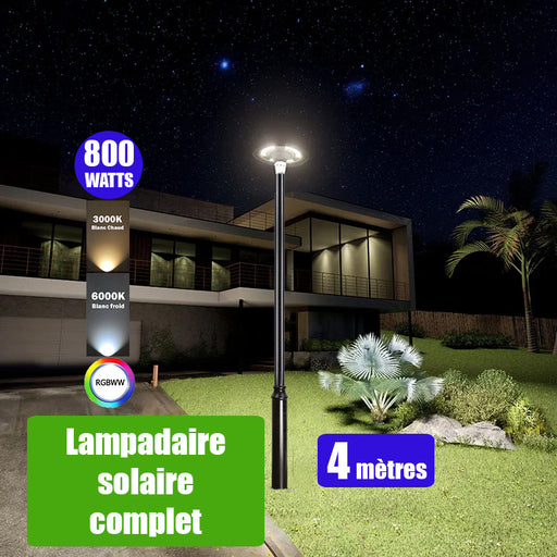 Pack lampadaire complet 4 mètres : Lampe solaire Série OVNI FUTUR 800 Watts 3000k / 6000k / RGB + Mât STANDARD 4 mètres