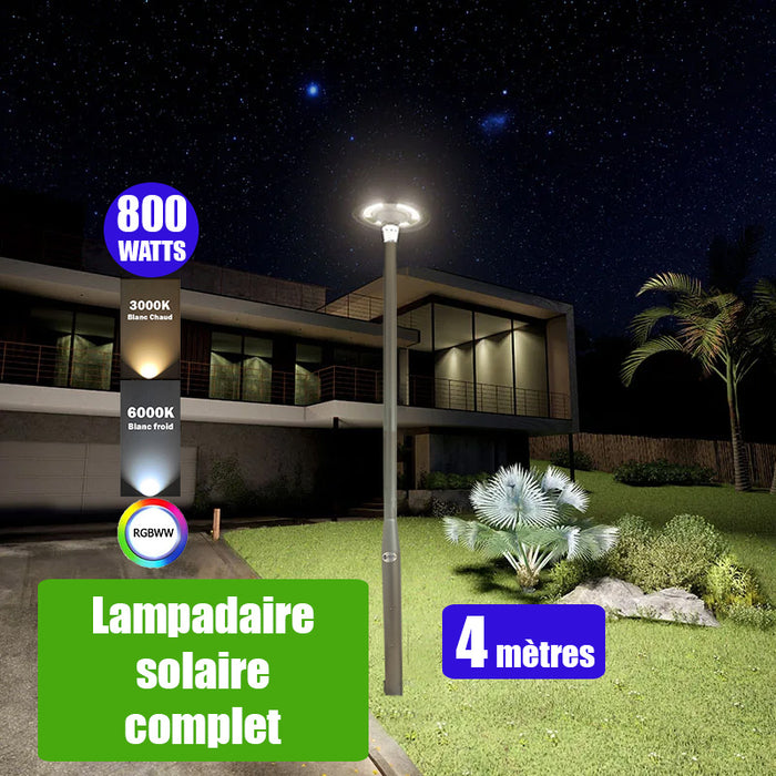 Pack lampadaire complet 4 mètres : Lampe solaire Série OVNI FUTUR 800 Watts 3000k / 6000k / RGB + Mât STANDARD 4 mètres