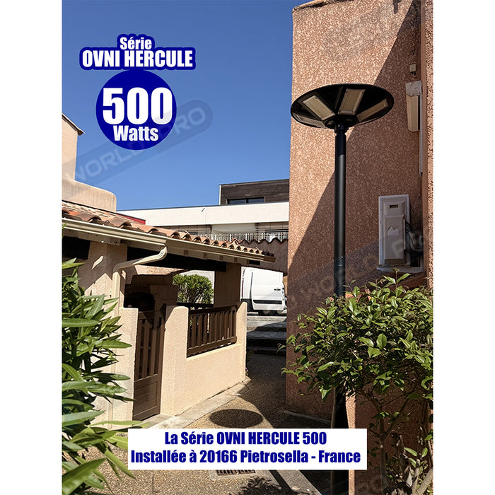 Pack lampadaire solaire complet 3/4/5/6 mètres au choix : Lampe solaire Série OVNI HERCULE + Mât EVO - Entraxe des trous 200mm - Noir