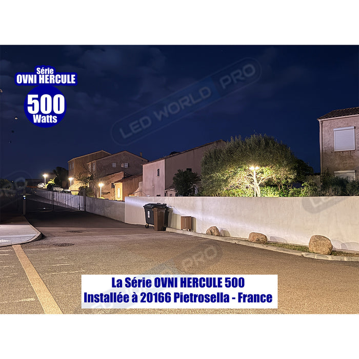 Pack lampadaire solaire complet 3/4/5/6 mètres au choix : Lampe solaire Série OVNI HERCULE + Mât EVO - Entraxe des trous 200mm - Noir