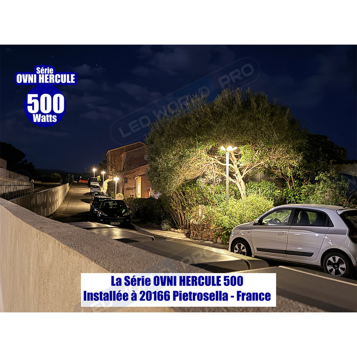 Pack lampadaire solaire complet 3/4/5/6 mètres au choix : Lampe solaire Série OVNI HERCULE + Mât EVO - Entraxe des trous 200mm - Noir