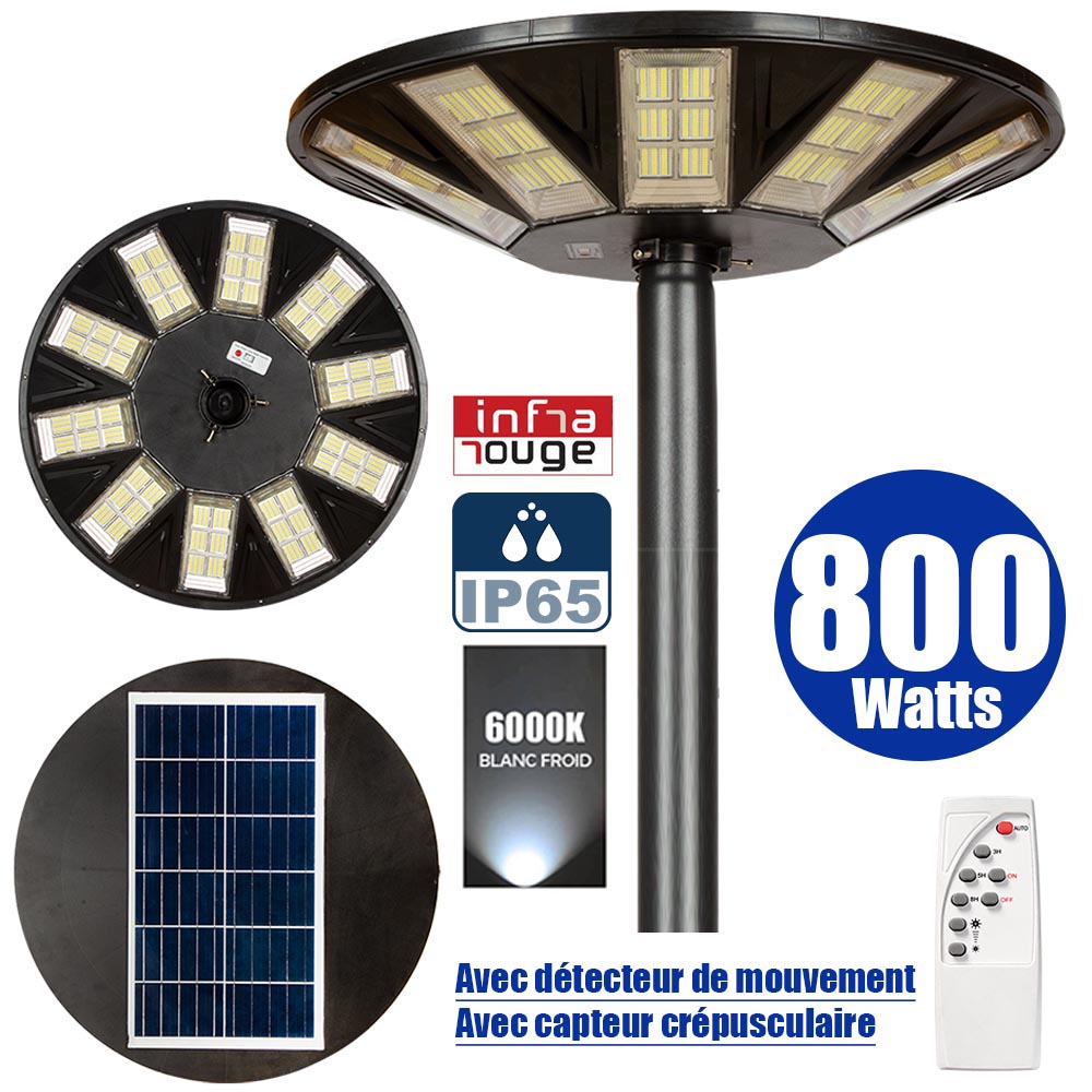 Lampe solaire pour extérieur - Série OVNI - Version HERCULE 800 - 2700 Lumens - Angle 360° - IP65 - Lampe 745 x 135 mm - Panneau 625 x 345 mm - Diamètre tube d'insertion  60 - 76 mm - Détecteur PIR – Capteur crépusculaire - Télécommande - 6000k