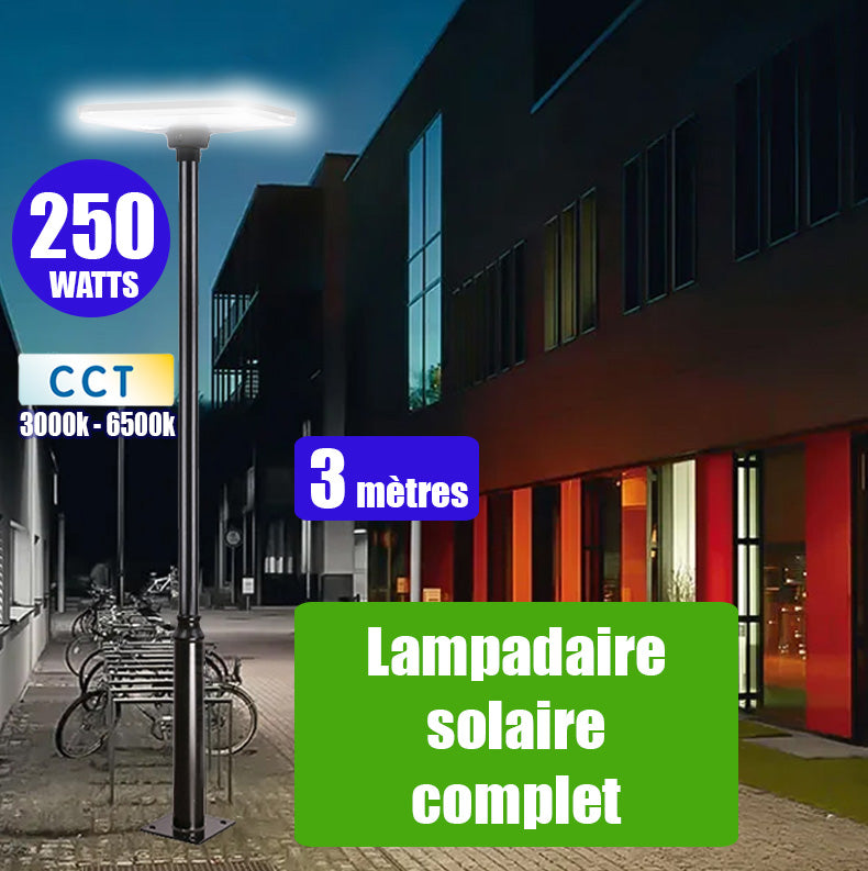 Pack lampadaire solaire complet 3 mètres : Lampe solaire - Série OVNI SUNFLOWER V2 - 250 Watts - CCT(3000k+6500k) + Mât STANDARD V1 EVO 3 mètres + Adaptateur 60/80mm