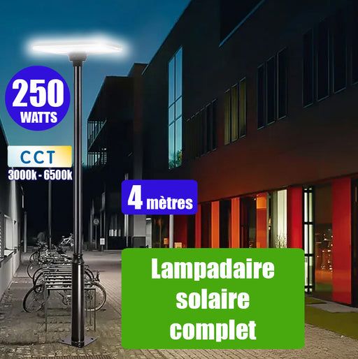 Pack lampadaire solaire complet 4 mètres : Lampe solaire - Série OVNI SUNFLOWER V2 - 250 Watts - CCT(3000k+6500k) + Mât STANDARD V1 EVO 4 mètres + Adaptateur 60/80mm