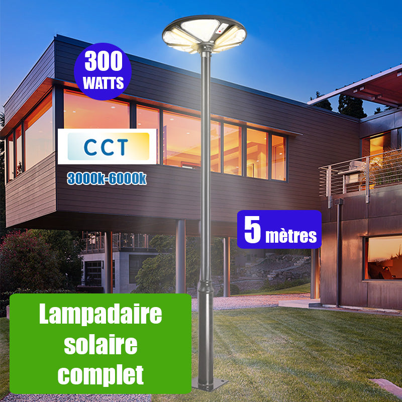 Pack lampadaire complet 5 mètres : Lampe solaire Série OVNI TRICOLORE 300 Watts 3000K / 4000K / 6000K + Mât STANDARD 5 mètres  (V1 EVO ou V4 EVO - Avec trappe)