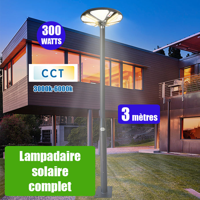 Pack lampadaire complet 3 mètres : Lampe solaire Série OVNI TRICOLORE 300 Watts 3000K / 4000K / 6000K + Mât STANDARD 3 mètres  (V1 EVO ou V4 EVO - Avec trappe)