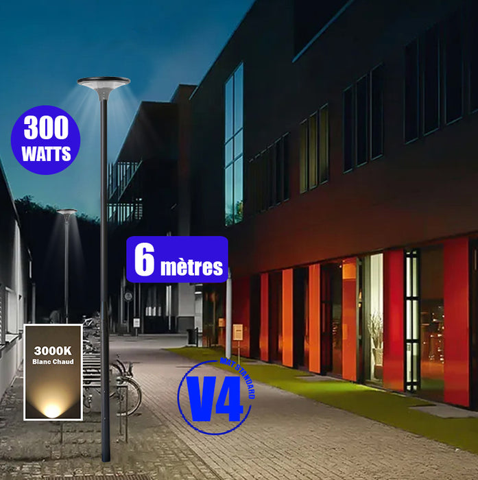 Pack lampadaire solaire complet 3/4/5/6 mètres au choix : Lampe solaire Série OVNI SUN FLOWER V1 + Mât EVO - Entraxe des trous 200mm - Noir