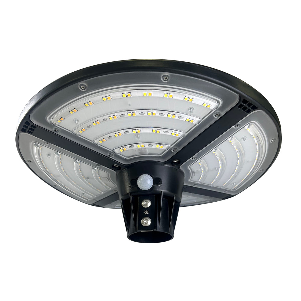 Lampe solaire pour extérieur - Série OVNI FUTUR V3 - CCT (Couleur Changeante en Température) - 1800 Watts - 4800 Lumens - IP65 - Angle 140° - 40 x 14 cm - Panneau MONOCRISTALLIN - Tube d'insertion 50-60mm - Avec Détecteur de mouvement - Télécommande