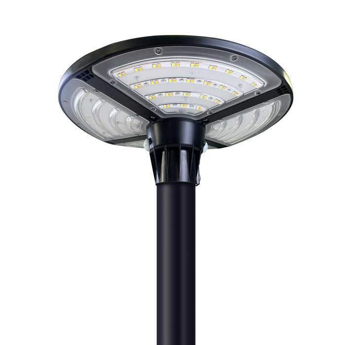 Pack lampadaire solaire complet 3/4/5/6 mètres au choix : Lampe solaire Série OVNI FUTUR V3 + Mât V1 EVO NOIR- Entraxe des trous 200mm