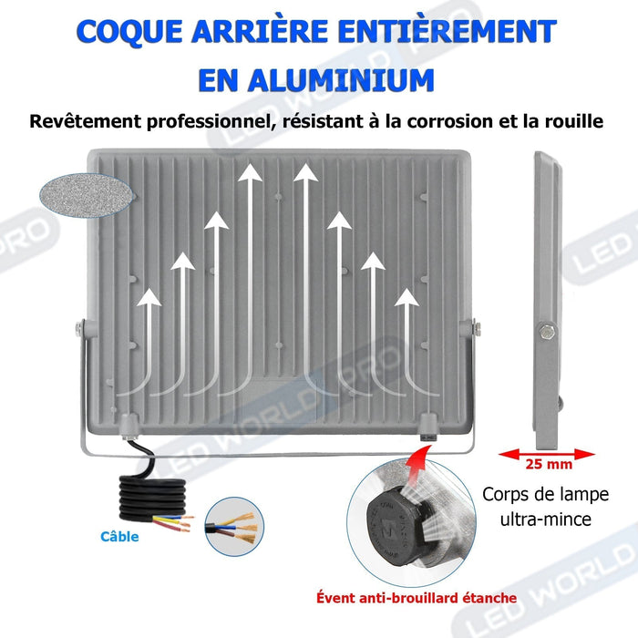 DERNIER DU STOCK : Projecteur LED filaire - Série PERLE V2 - 300 Watts - 36 000 Lumens - 120 Lumens/Watt - Angle 90° - IP65 - 6000K - 446 x 280 x 25 mm